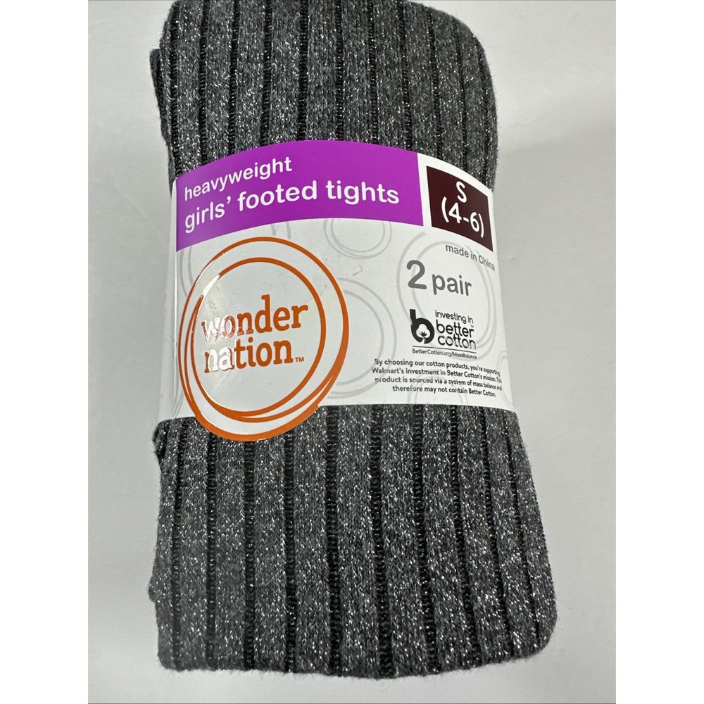 Wonder Nation Footed Tights Girls Size Small (4-6) 2 Pack Glittery Charcoal/Gray